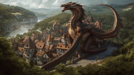 A massive dragon curled up around a medieval village, offering protection Generative AI © Nataliya