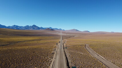 Aerial view of the 'route of the sun' in the middle of the Atacama Desert in Chile in 2022 captured by a drone.