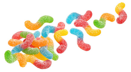 Sour gummy worms isolated on white background, full depth of field