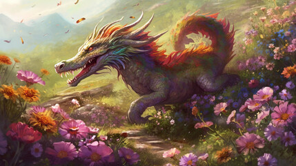 Fototapeta na wymiar A playful dragon playfully chasing its own tail amidst a field of blooming flowers Generative AI