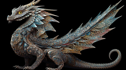 Fototapeta premium A dragon with intricate patterns on its wings, creating a mesmerizing display Generative AI