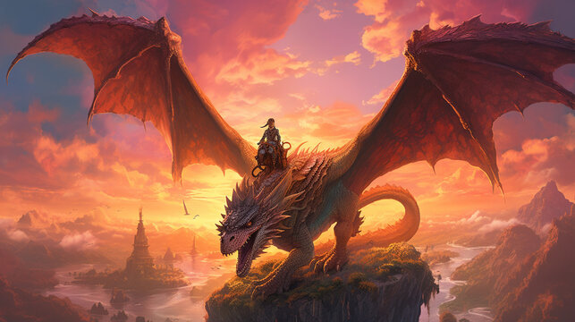 A dragon and its rider soaring through a vibrant sunset sky Generative AI