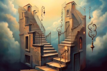 abstract background with an image of an old staircase going into the sky or a parallel world and mysterious vintage keys hovering in the air.mysteries and riddles. Generative AI