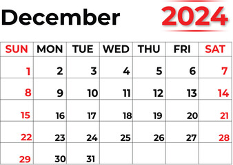Monthly Calendar design : December 2024 