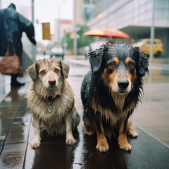 Wet stray dogs sit in the rain. Generative AI