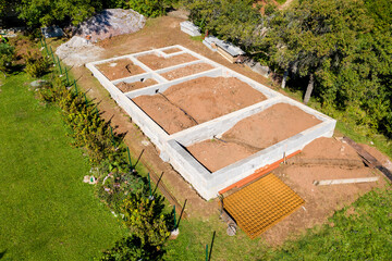Aerial Drone Shot Of Foundations, Construction Site Platform and armature