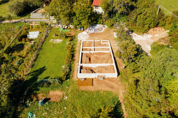 Aerial Drone Shot Of Foundations, Construction Site Platform and armature