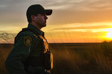 US border patrol officer looking at the distance, generative AI - obrazy, fototapety, plakaty