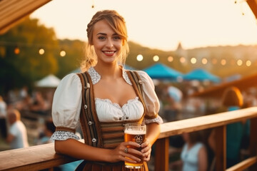 Oktoberfest Tradition. Waitress wearing traditional clothes and holding beers at the festival. Sunset. German culture and celebration concept. AI Generative