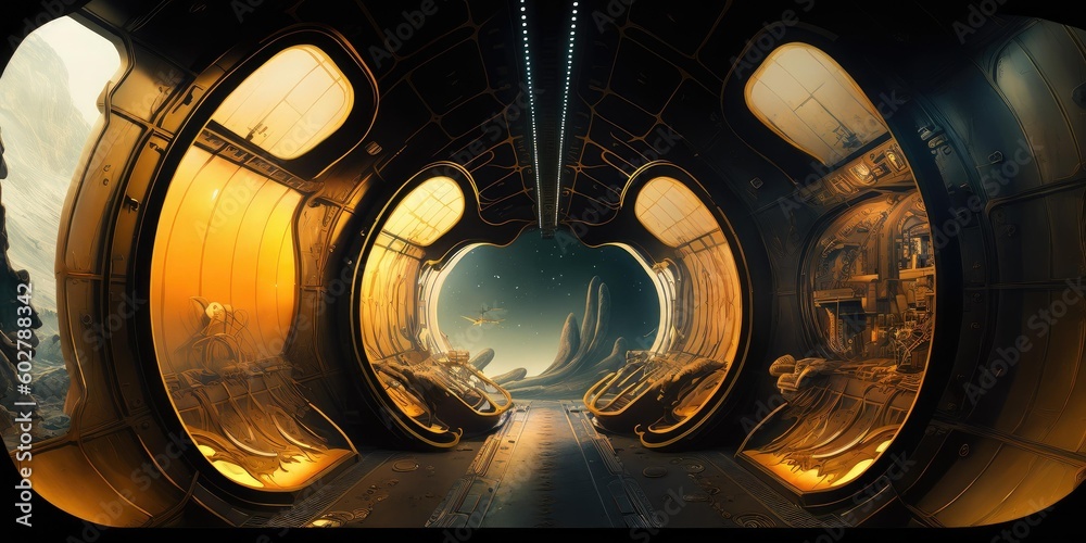 Poster futuristic interior of spaceship inside of hallway. superlative generative ai image.