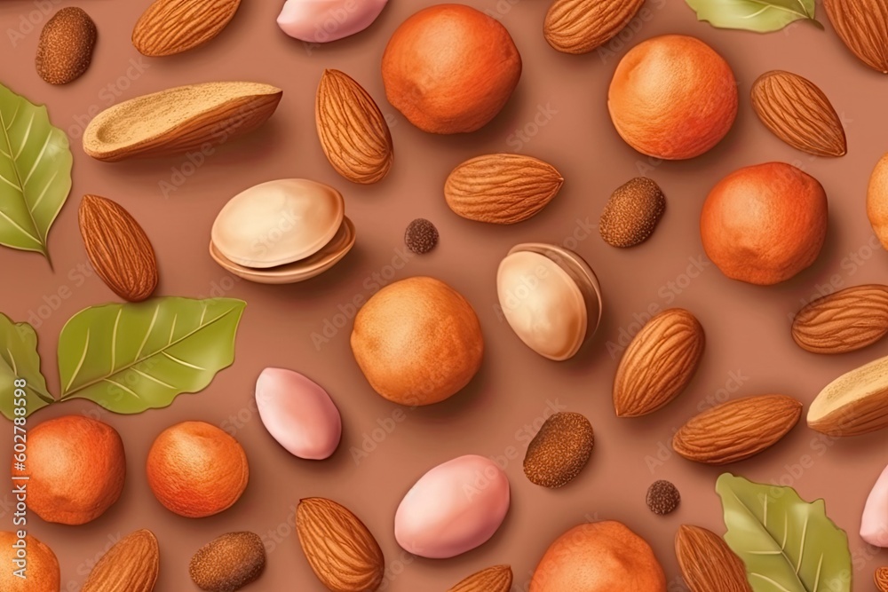 Canvas Prints nature-inspired pattern featuring nuts and leaves on a warm brown background Generative AI