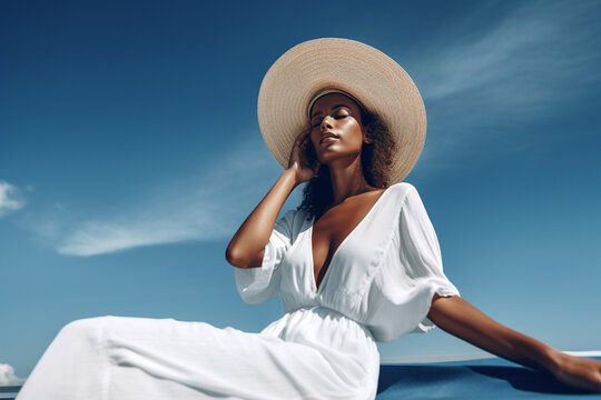 Beautiful Spectacular Young Woman Model In A White Dress And Hat Against A Bright Blue Sky On A Sunny Day. Generative AI