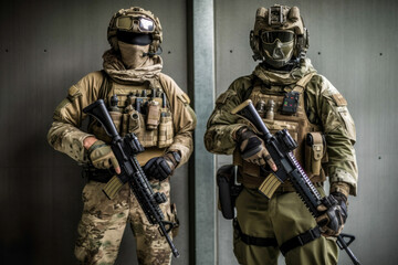 Fototapeta premium Two soldiers posing.These soldiers are heavily armed and equipped, wearing full military gear and carrying weapons such as rifles and grenades. Generative AI