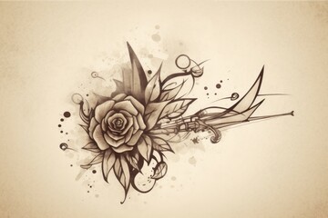 tattoo design featuring a rose and scissors on a clean white background Generative AI