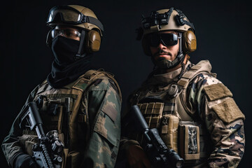Naklejka premium Two soldiers posing.These soldiers are heavily armed and equipped, wearing full military gear and carrying weapons such as rifles and grenades. Generative AI