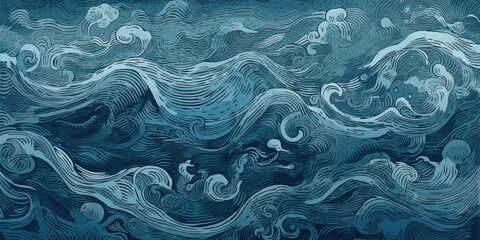 Obraz premium Japanese traditional Ukiyoe blue Rough waves are lively and dynamic Abstract, Elegant and Modern AI-generated illustration