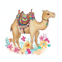 Floral Watercolor Design featuring a Camel, Generative AI