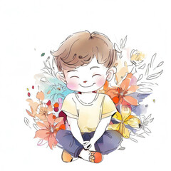 Whimsical Watercolor Design of a Cute Boy with Floral Accents, Generative AI