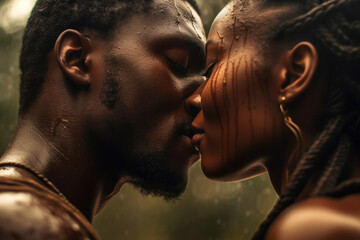 The power of a kiss, sexy beautiful african couple lips closeup kissing seductive black man and woman, erotic, glamour, sensual kiss concept AI Generative