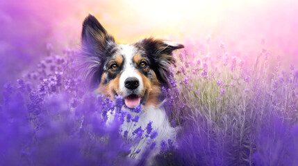 Border collie dog in lavender