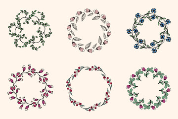Set of 4 frames with floral elements. Rustic. Hand drawn simple line. Black stroke. 
Isolated on white background. Best for design. Vector