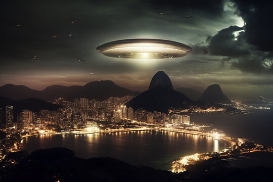 UFO flying over Rio de Janeiro. Generative AI.