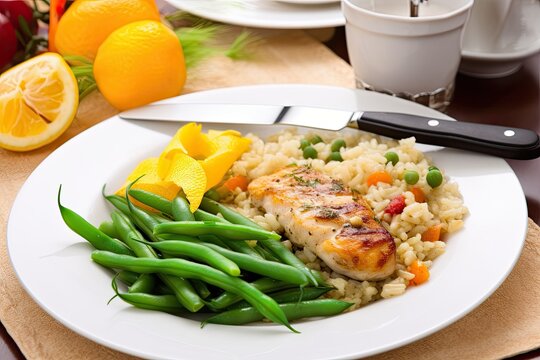 healthy meal consisting of rice and green beans on a white plate Generative AI