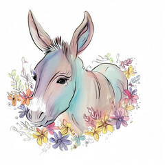 Obraz na płótnie Canvas Watercolor Donkey with Floral Accents, Generative AI
