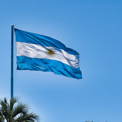 the national blue white flag of argentina with yellow on a pole on a bly sky