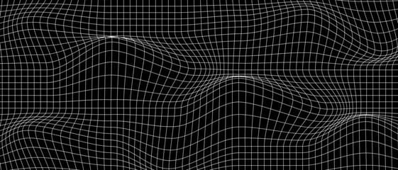 Distorted white grid on black background. Waved mesh texture. Fish net with curvatured effect. Checkered pattern deformation. Bented lattice surface