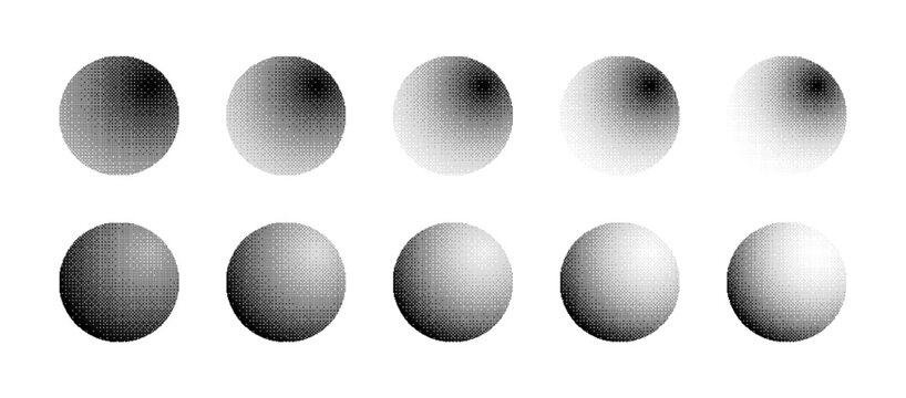 Spheres With Different Density of Bitmap Dither Gradient Vector Set Isolated On White Background. Spherical Shapes With Different Retro 8 Bit Graphic Art Style Textures Design Elements Collection