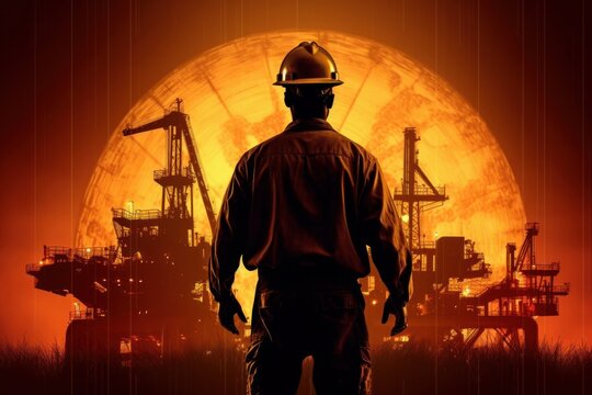 A silhouette of a worker in a hard hat standing in front of an oil rig, overlaid with an image of a globe, symbolizing the global impact of the oil and gas industry. Double Exposure. Generative AI