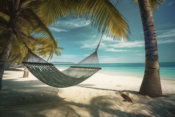 A panorama shot of a tropical beach with a hammock swaying in the breeze, inviting viewers to relax and unwind. Perfect for promoting tranquil beach resorts. Generative AI