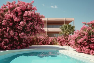 Fototapeta na wymiar A buganvillea plant in full bloom next to a swimming pool, creating an idyllic vacation scene. Generative AI