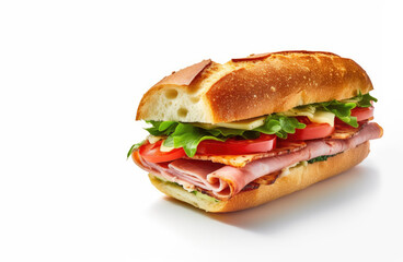 Tempting picture of a mouthwatering ciabatta bread sandwich with ham and vegetables. Copy space available. Food concept AI Generative