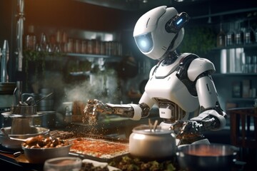 A robot chef , cooking in a kitchen and showcasing culinary skills. Generative AI