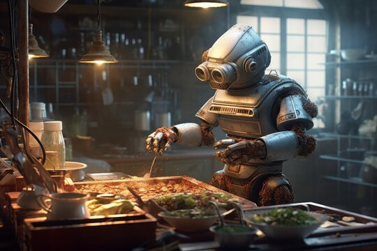 A robot chef , cooking in a kitchen and showcasing culinary skills. Generative AI