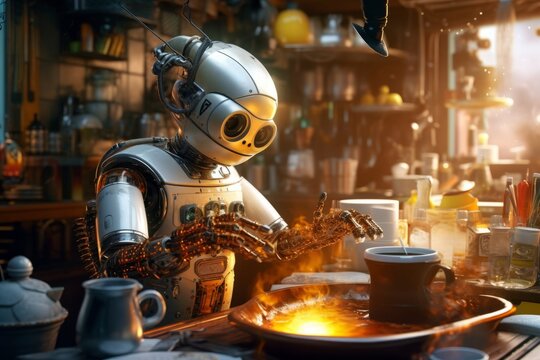 A robot chef , cooking in a kitchen and showcasing culinary skills. Generative AI