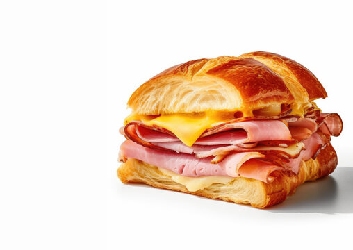 Gourmet Breakfast Delight. Tempting picture of a freshly baked croissant sandwich filled with ham and cheese. Copy space available. Culinary concept AI Generative
