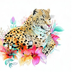Obraz premium Whimsical Cheetah Portrait with Watercolor Flowers, Generative AI