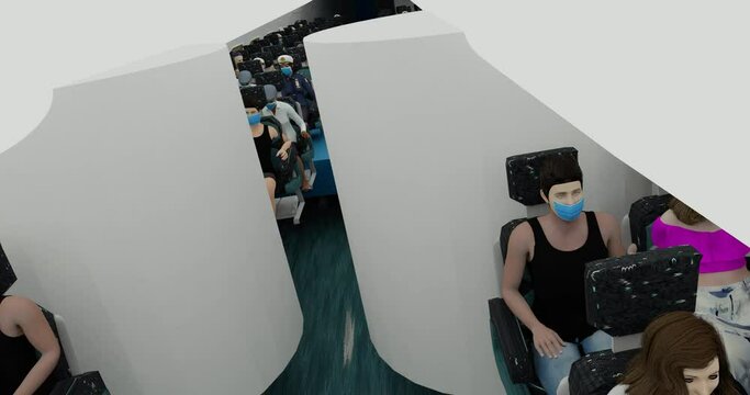Passengers and crew travel on pandemic airplane wearing face mask against covid or influenza while stewardess man and woman offer refreshing drinks flight render animation 3D camera movement Dolly
