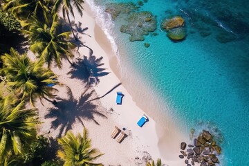 Fototapeta na wymiar Aerial shot of a secluded tropical beach with crystal clear water, palm trees, and a couple of beach chairs. Perfect for advertising a luxurious vacation destination. Generative AI