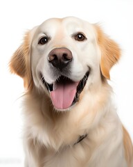 Playful Golden Retriever Close-Up on White Background, Cute Dog With Expressive Eyes and a Groomed Coat, Loyal Pet and Companion
