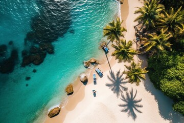 Aerial shot of a secluded tropical beach with crystal clear water, palm trees, and a couple of beach chairs. Perfect for advertising a luxurious vacation destination. Generative AI