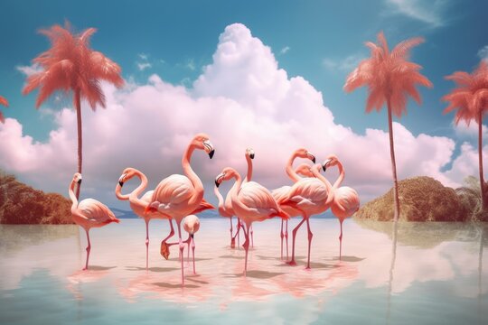 A surreal image of a group of flamingos enjoying a summer day at the beach, surrounded by pink flamingo-shaped clouds and palm trees. Generative AI