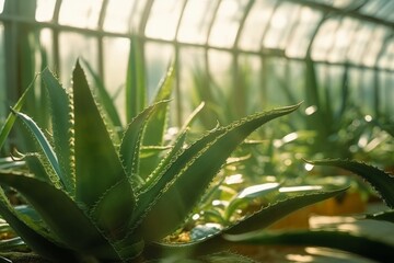 Obraz premium A close-up shot of aloe vera plants growing in a greenhouse, with warm sunlight filtering in through the glass ceiling. Generative AI