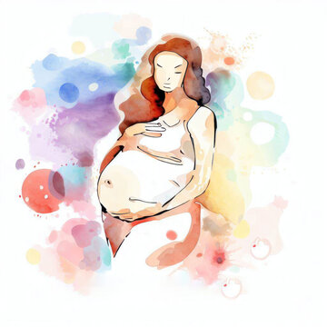 Radiant Watercolor Illustration of a Pregnant Woman, Generative AI