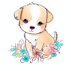 Obraz premium Dreamy Canine Illustration, Watercolor and Flowers, Generative AI