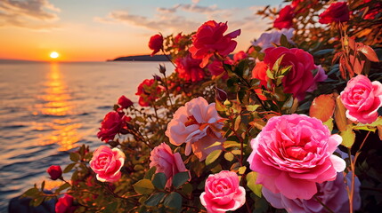  romantic wild flowers pink roses bush on sea beach at sunset,generated ai