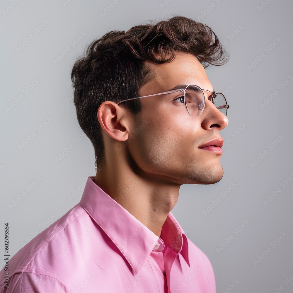 Wall mural stylish confidence: striking fashion portrait of a male model sporting a pink shirt and luxury presc